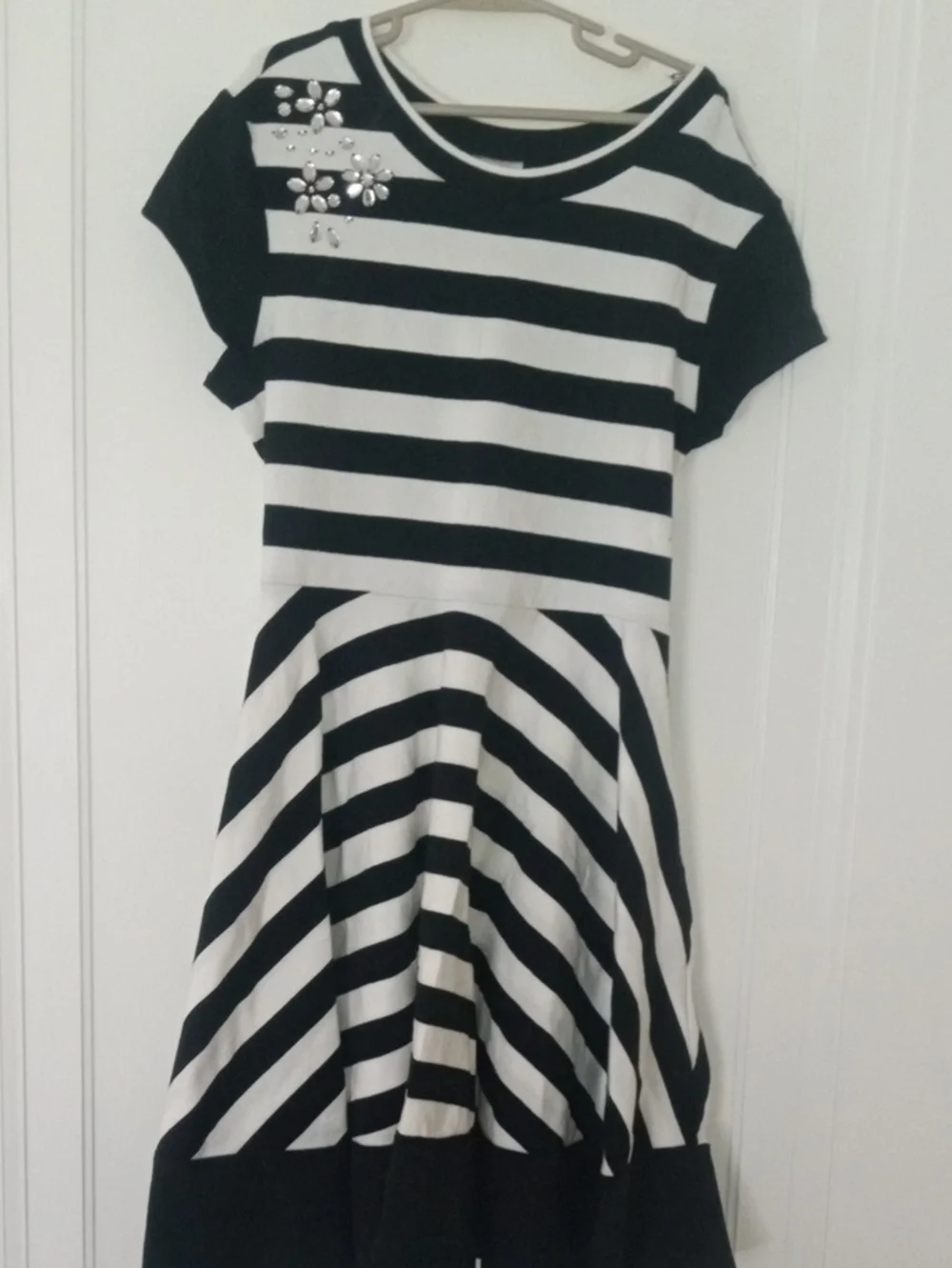 girls 12 black white striped dress, jeweled accent at chest  Justice
